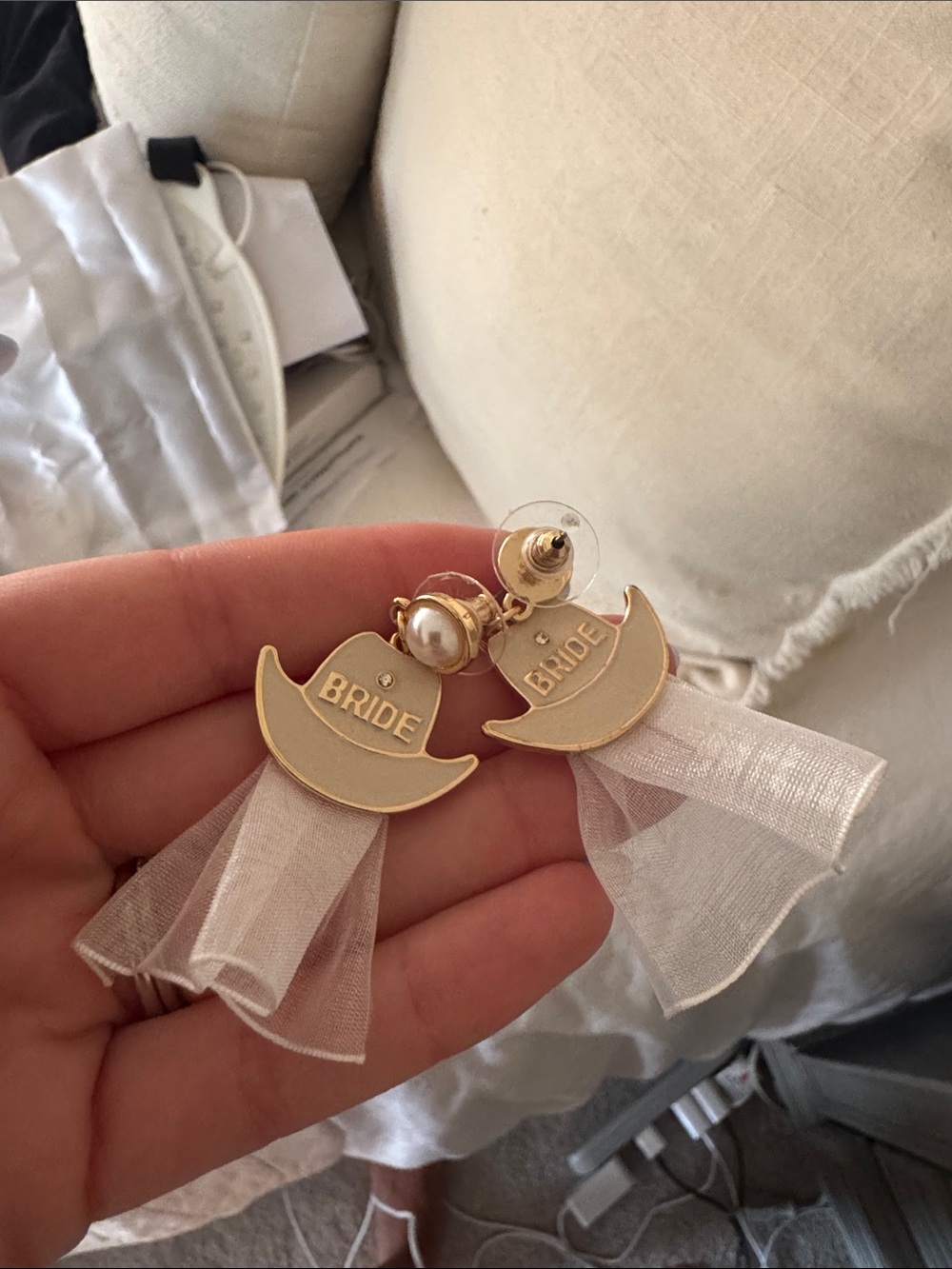 Gold 'BRIDE' Cowboy Hat Drop Earrings with White Tulle
